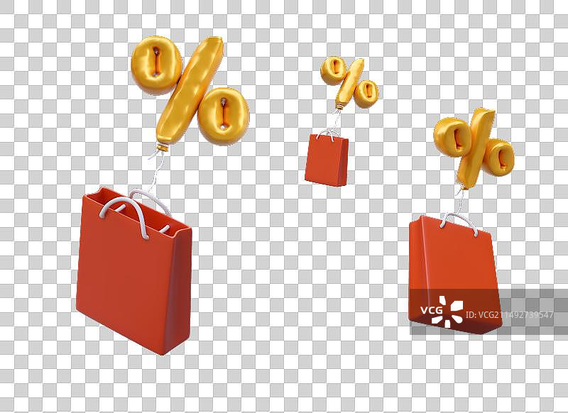 系在金色百分比上的红色购物袋图片素材