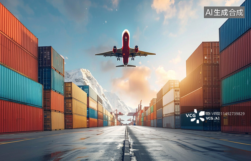 【AI数字艺术】飞机码头货物集装箱道路插画图片素材