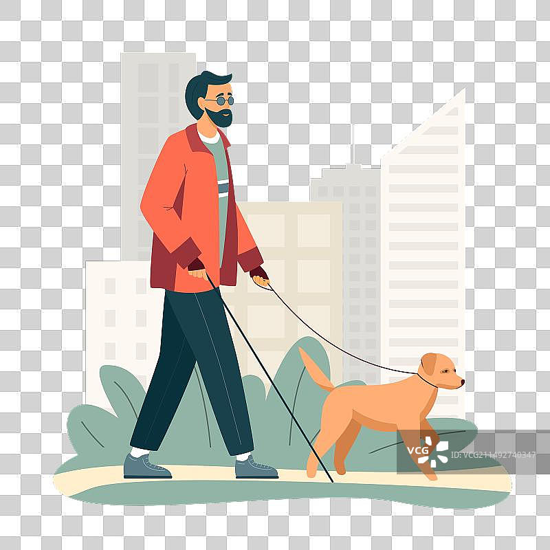 活跃的失明络腮胡男子与导盲犬同行图片素材