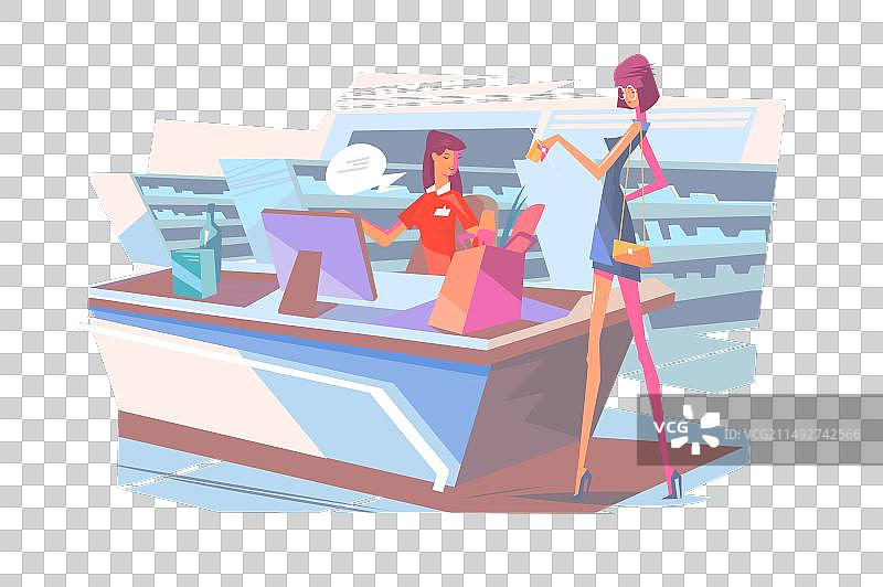 女孩在超市收银台结账图片素材