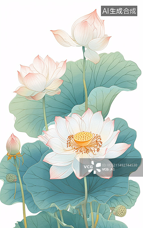【AI数字艺术】国风荷花莲蓬荷叶插画元素，立夏节气池塘荷花插画图片素材
