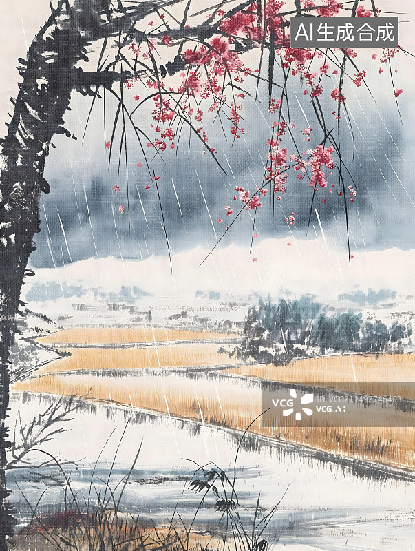 【AI数字艺术】写意中国风水墨花雨天里的田地和梅花树图片素材