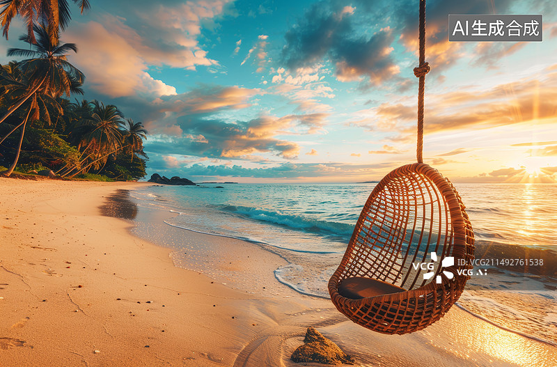 【AI数字艺术】海边沙滩树叶摇椅图片素材
