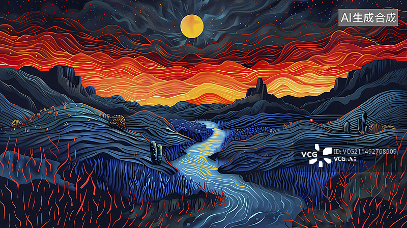 【AI数字艺术】西部日落抽象插画海报背景图片素材