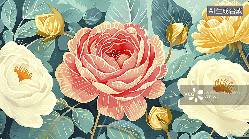【AI数字艺术】复古玫瑰植物图案插画海报背景图片素材