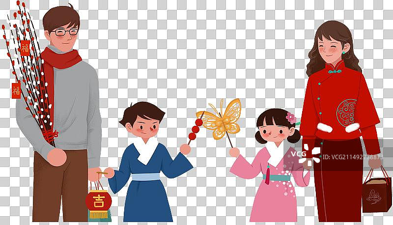 春节购物的两孩家庭图片素材