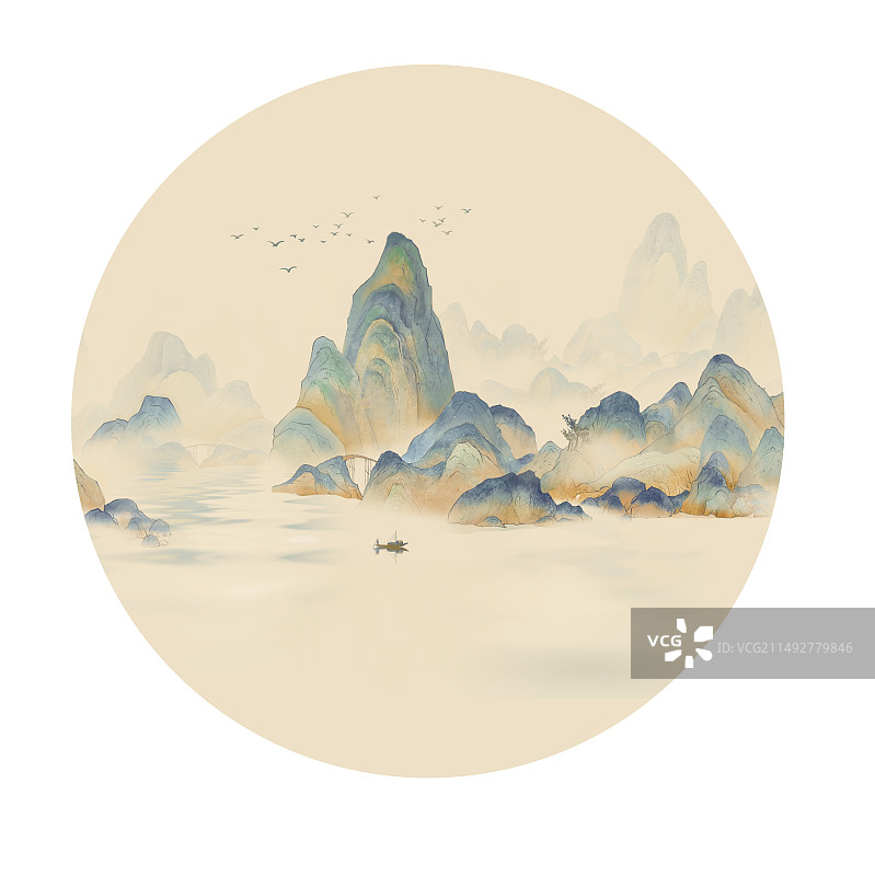 手绘新中式山水画 千里江山圆形背景插画图片素材