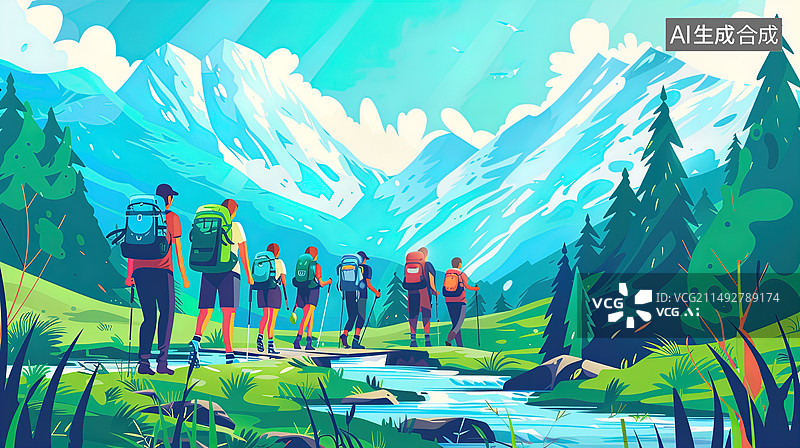 【AI数字艺术】夏天，一群人在高山森林里徒步旅行图片素材
