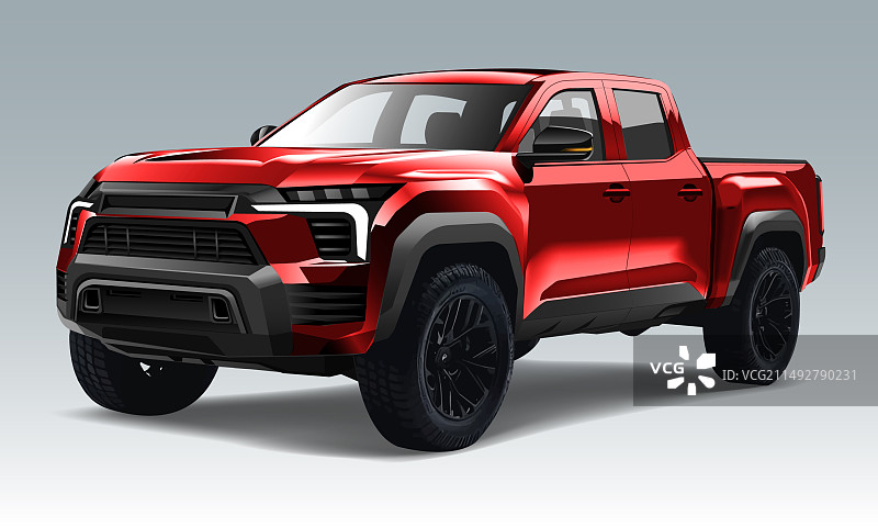 逼真3D红色四门皮卡（黑色轮毂）图片素材