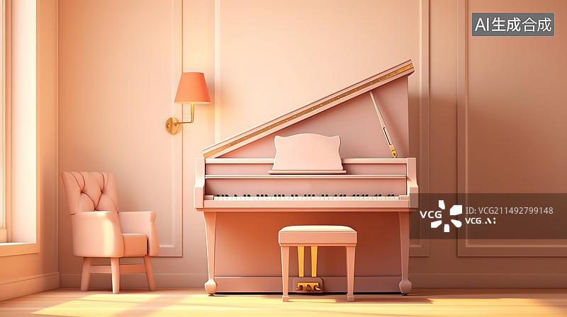 【AI数字艺术】3D简约浅色温馨卡通风格室内音乐房钢琴图片素材