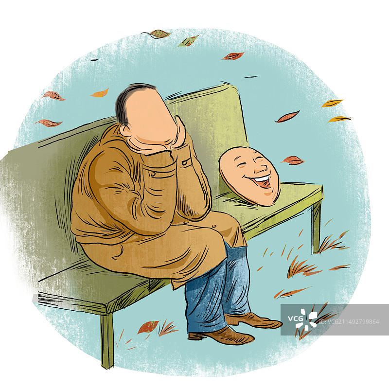 卸下面具的人，失落的坐在公园的长椅上图片素材