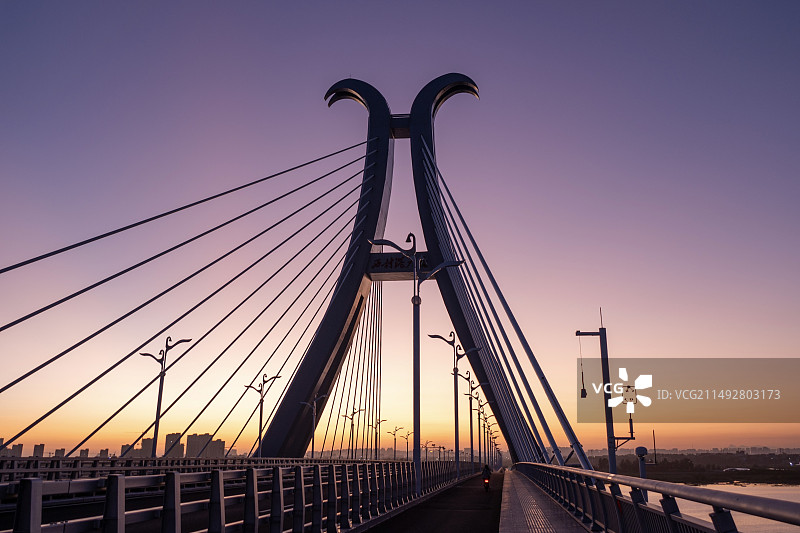 紫色晚霞下的西村港大桥图片素材