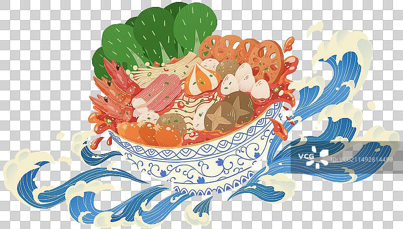 重庆麻辣烫甘肃天水麻辣烫四川麻辣烫冒菜手绘中国传统美食中式花纹浪花图案元素图片素材