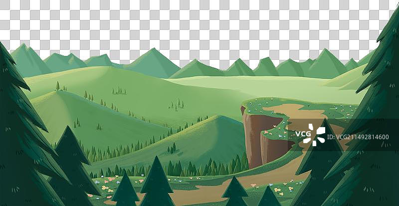 森林树林草原平原乔木圣诞树山峦山谷悬崖峭壁鲜花小路山径绿意春天图片素材