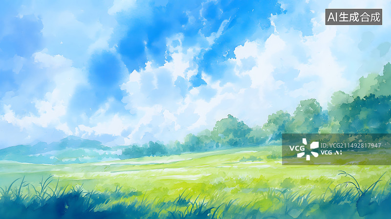 【AI数字艺术】水彩风春夏田野绿色风景插画背景图片素材