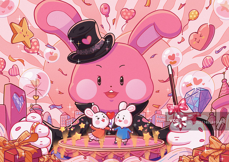 粉红色兔子魔术师节日庆祝礼物堆彩带星星红蓝情侣兔子快乐表演舞台心心背景粉色城市图片素材