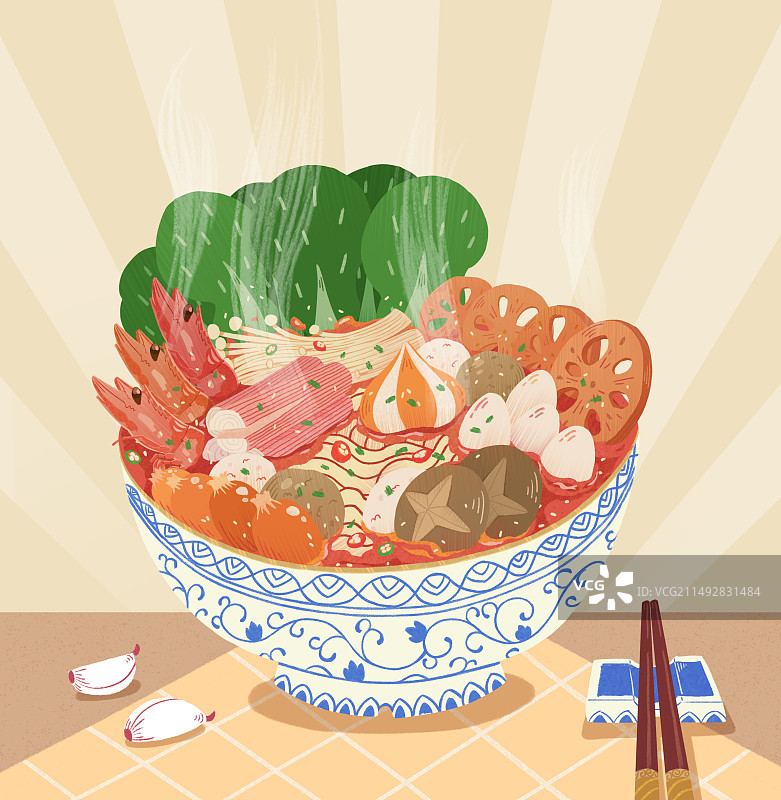 中华传统美食重庆麻辣烫天水麻辣烫四川麻辣烫蒜冒菜手绘套餐图片素材