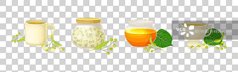 椴树蜂蜜罐和芳香花朵图片素材