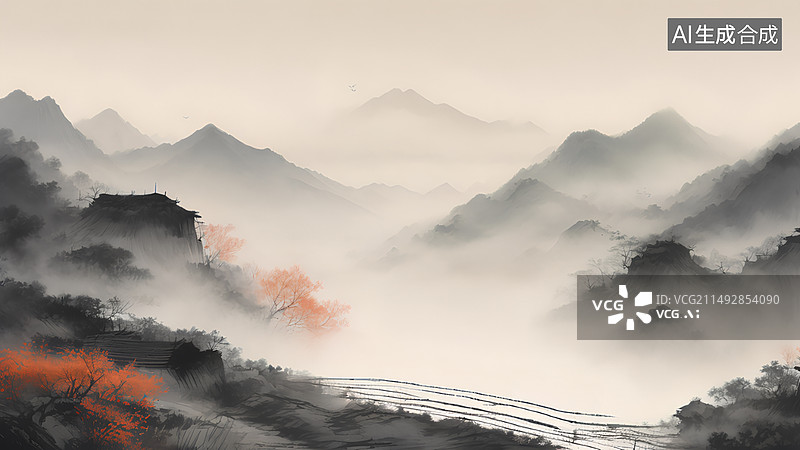 【AI数字艺术】中国亭台楼阁山水画卷图片素材