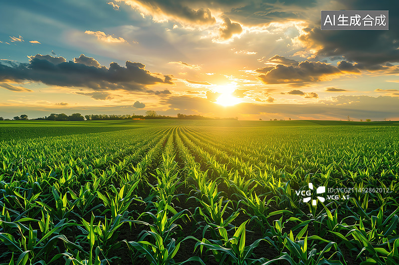 【AI数字艺术】日落时分的玉米地图片素材