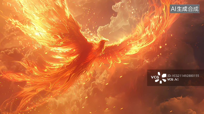 【AI数字艺术】飞舞的火凤凰，中国古代神兽图片素材