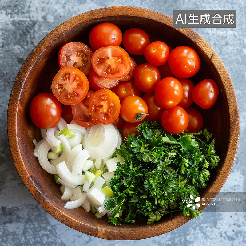 【AI数字艺术】新鲜西红柿欧芹和洋葱的健康沙拉配料图片素材