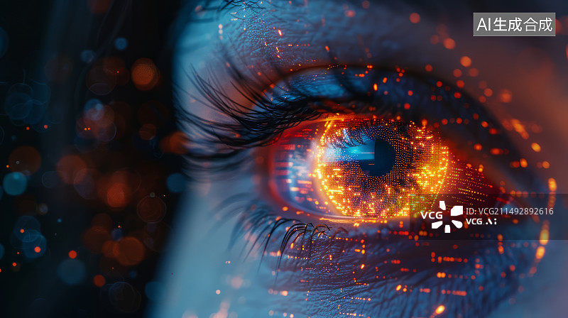 【AI数字艺术】人眼瞳孔特写，未来生物识别和安全概念图片素材