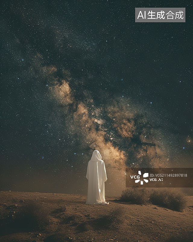 【AI数字艺术】夜晚站在星空中的女人的后视图图片素材