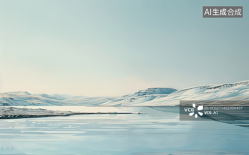 【AI数字艺术】白雪皑皑的高山映衬下的湖景图片素材