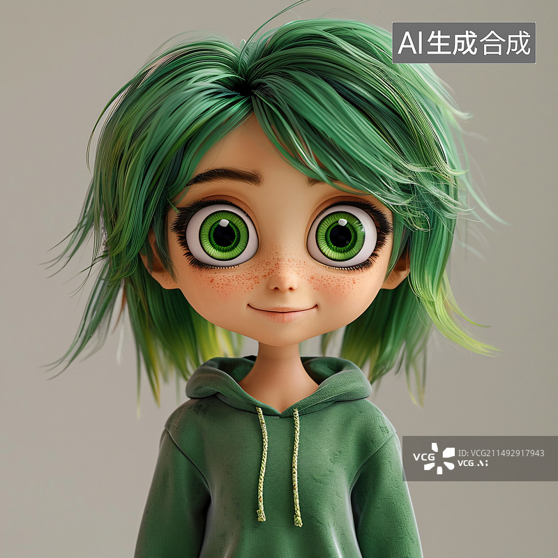 【AI数字艺术】一个绿色头发带着绿色美瞳的亚洲女孩图片素材