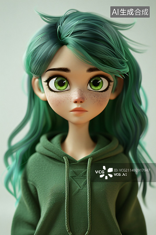 【AI数字艺术】一个绿色头发带着绿色美瞳的亚洲女孩图片素材