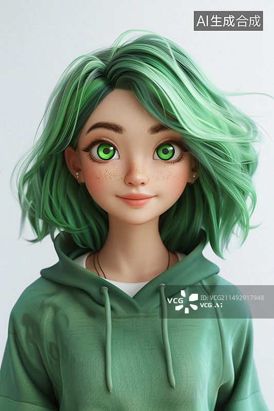 【AI数字艺术】一个绿色头发带着绿色美瞳的亚洲女孩图片素材