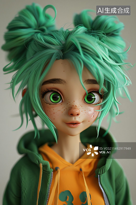 【AI数字艺术】一个绿色头发带着绿色美瞳的亚洲女孩图片素材