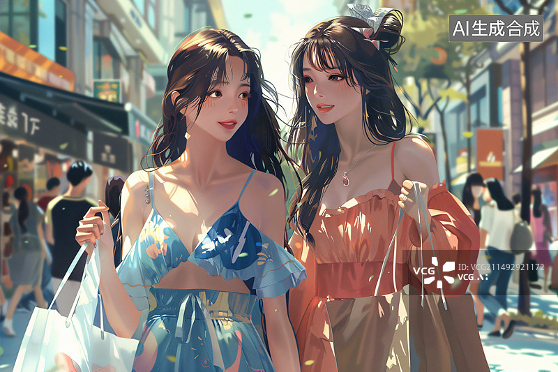 【AI数字艺术】两个亚洲美女在户外购物图片素材