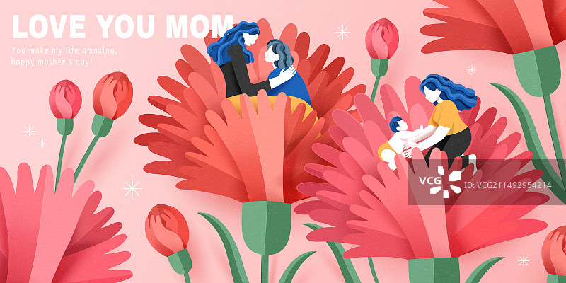 剪纸风母亲节横幅 花朵上的妈妈与孩子图片素材