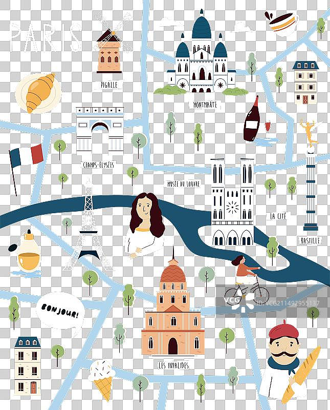 巴黎法国的彩色卡通地图图片素材