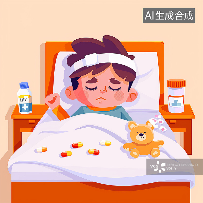 【AI数字艺术】卡通医生医疗儿童感冒发烧健康保险矢量插画图片素材