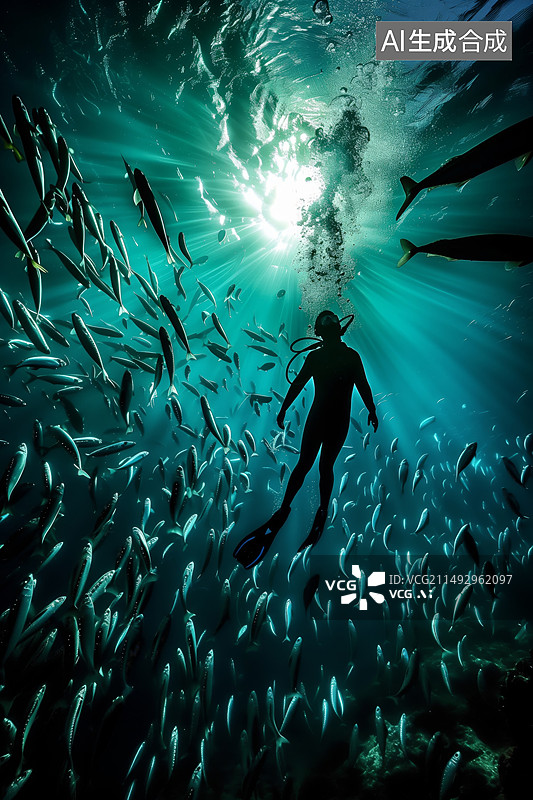 【AI数字艺术】在海中深潜的人与鱼群的场景图图片素材