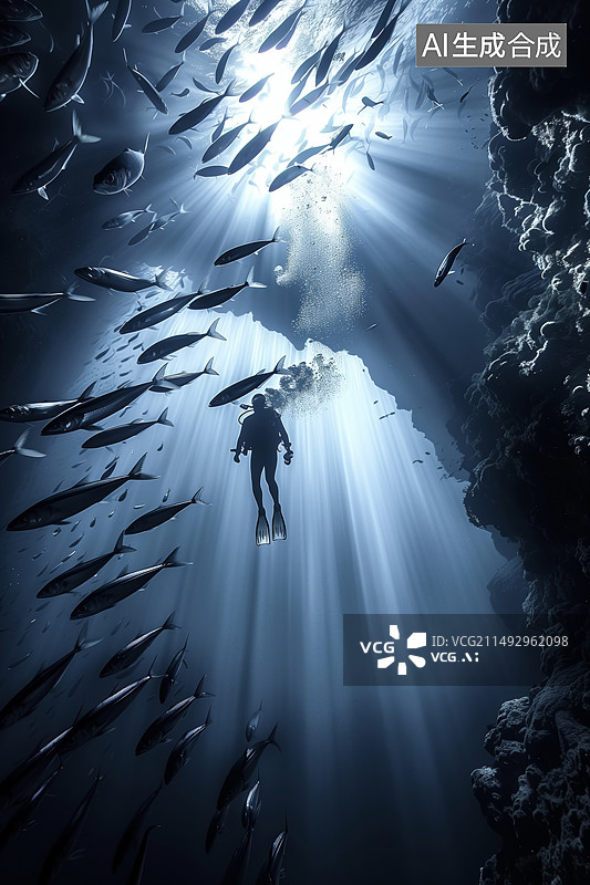 【AI数字艺术】在海中深潜的人与鱼群的场景图图片素材