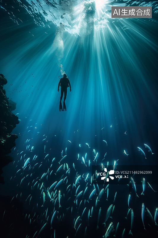 【AI数字艺术】在海中深潜的人与鱼群的场景图图片素材