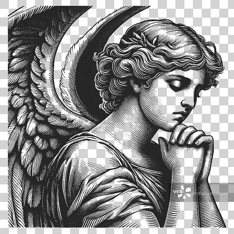 沉思的无聊天使素描图片素材