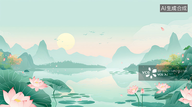 【AI数字艺术】2d荷花池场景插画图图片素材
