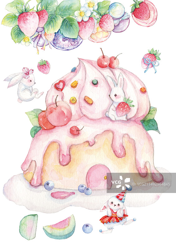 呆萌卡通小兔子和草莓奶油蛋糕水果零食屋童话故事儿童节插画图片素材