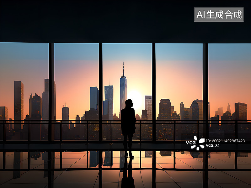 【AI数字艺术】日落时透过窗户看城市的人的剪影图片素材