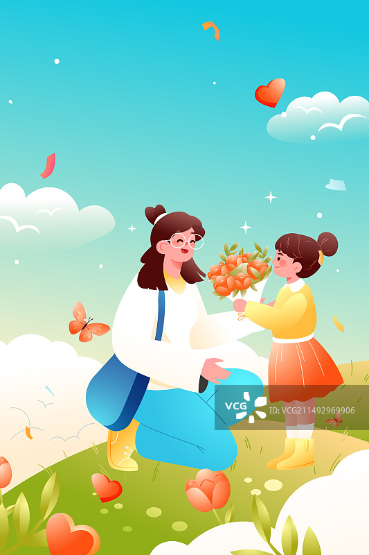 卡通夏季夏天暑期生活母亲节妈妈母爱亲子儿童少儿家人家庭带娃户外出游旅行旅游自然风景背景渐变矢量插画图片素材