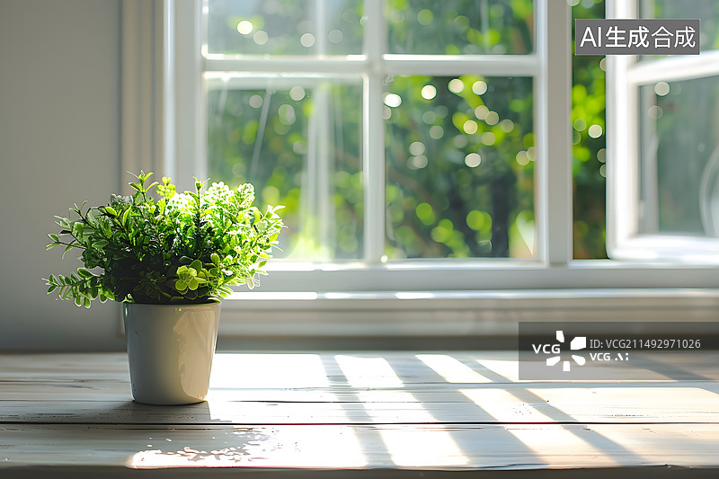 【AI数字艺术】有绿植的窗台桌面背景图片素材