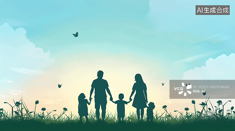 【AI数字艺术】三孩家庭父母和孩子背影插画图片素材