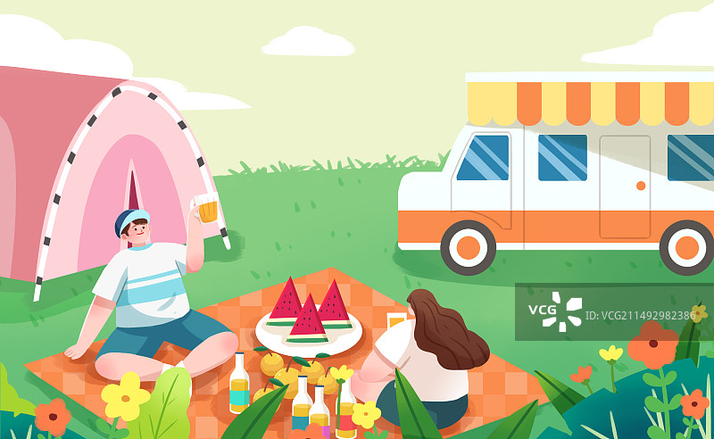 手绘露营野餐户外游玩banner插画图片素材