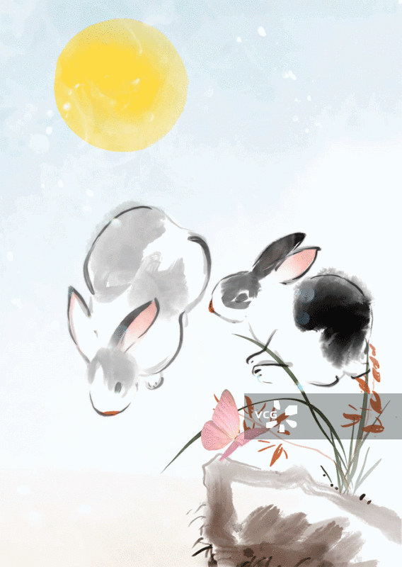 中秋节月亮兔子满月高雅水墨艺术插画动画视频图片素材