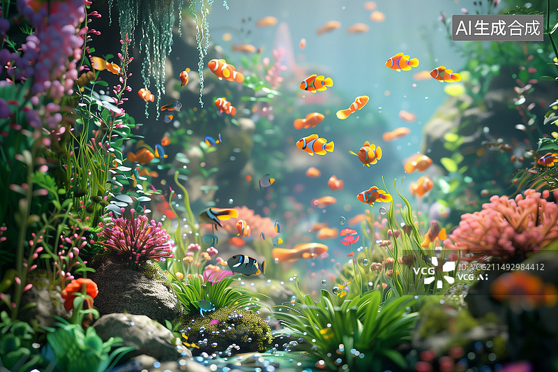 【AI数字艺术】色彩丰富的珊瑚鱼群海底世界3d卡通插画图片素材
